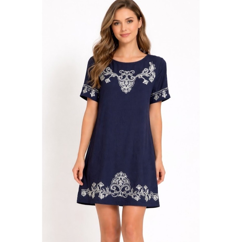 Lulus Navy Blue Embroidered Shift Mini Dress Size L Womens New Boho Floral